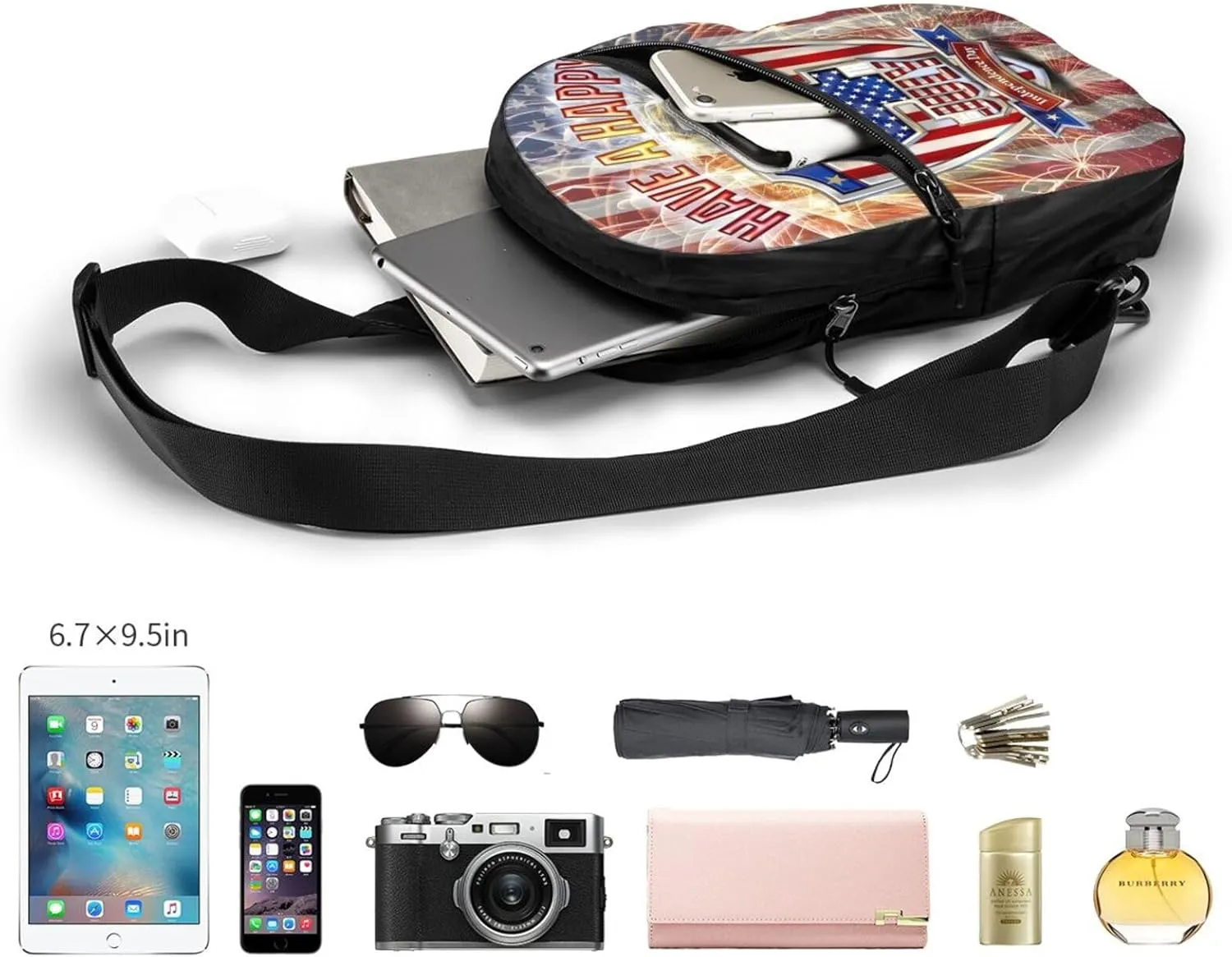 American Flag Fireworks Portable Sling Bags Packable Crossbody Bag Foldable Sport Daypack Reusable Shoulder Backpack Diagonally Chest Bag for Workout Travel