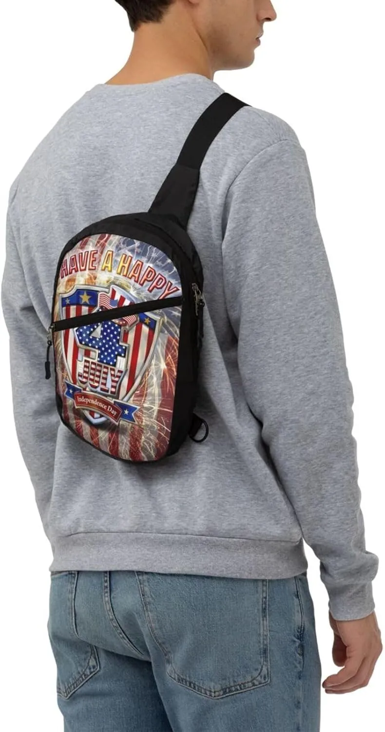 American Flag Fireworks Portable Sling Bags Packable Crossbody Bag Foldable Sport Daypack Reusable Shoulder Backpack Diagonally Chest Bag for Workout Travel