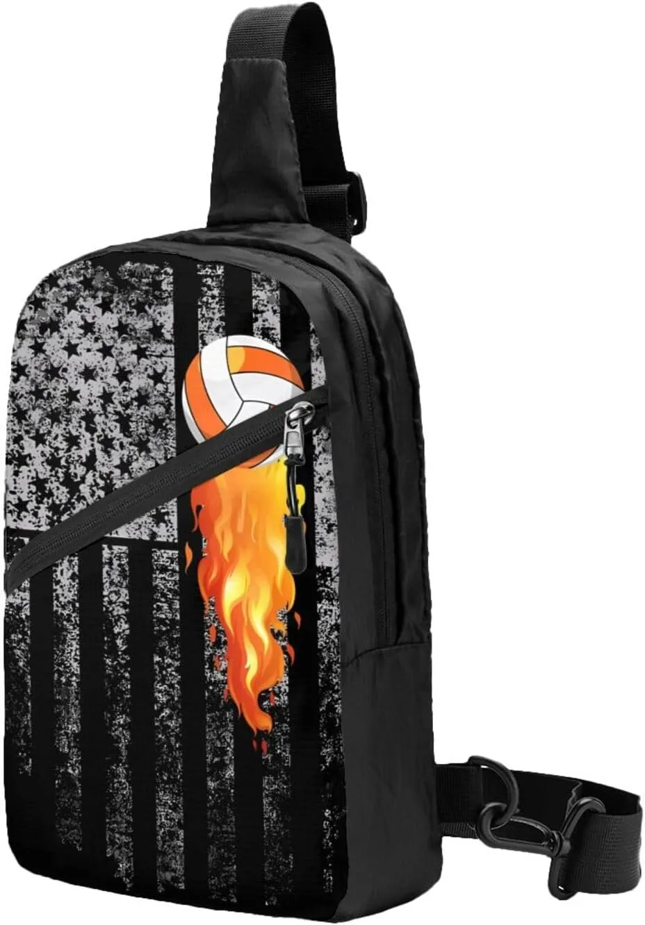 American Flag Flame Volleyball Portable Sling Bags Packable Crossbody Bag Foldable Sport Daypack Reusable Shoulder Backpack Diagonally Chest Bag for Workout Travel