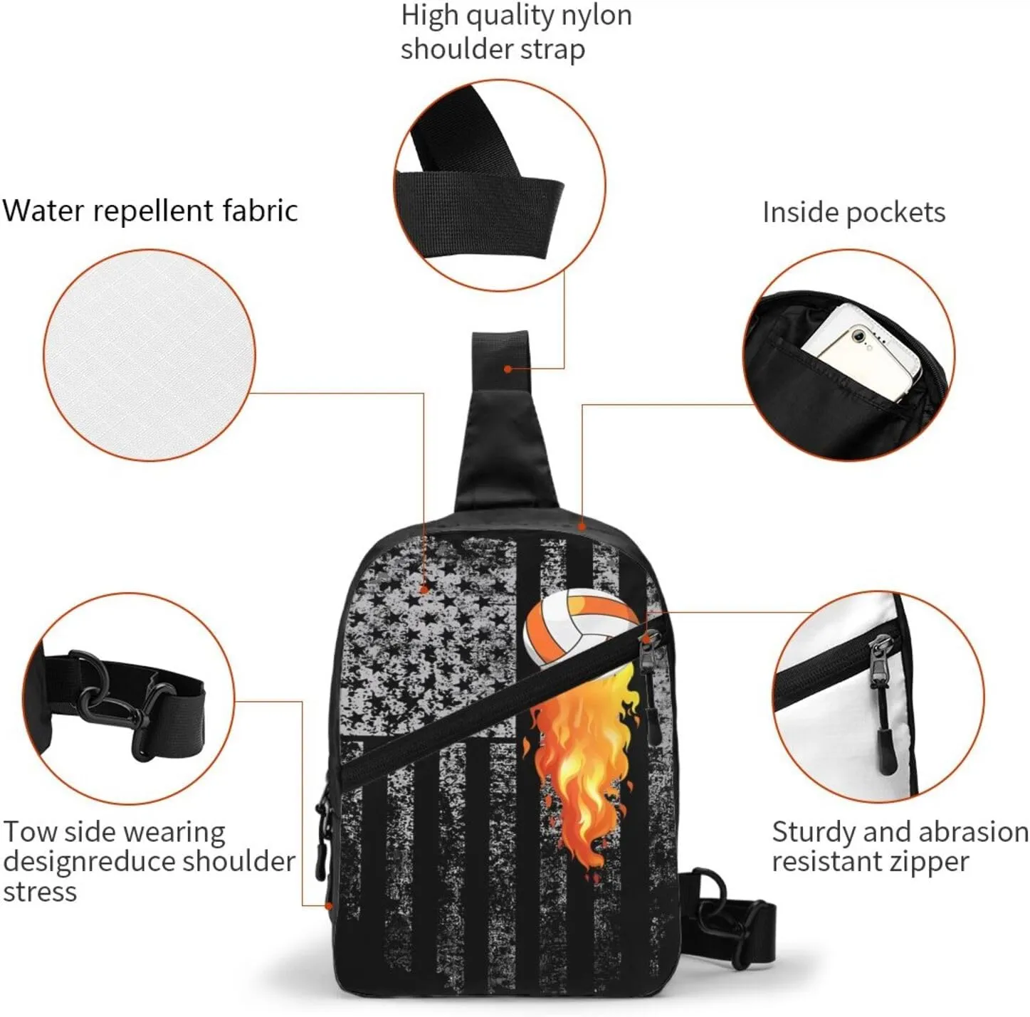 American Flag Flame Volleyball Portable Sling Bags Packable Crossbody Bag Foldable Sport Daypack Reusable Shoulder Backpack Diagonally Chest Bag for Workout Travel