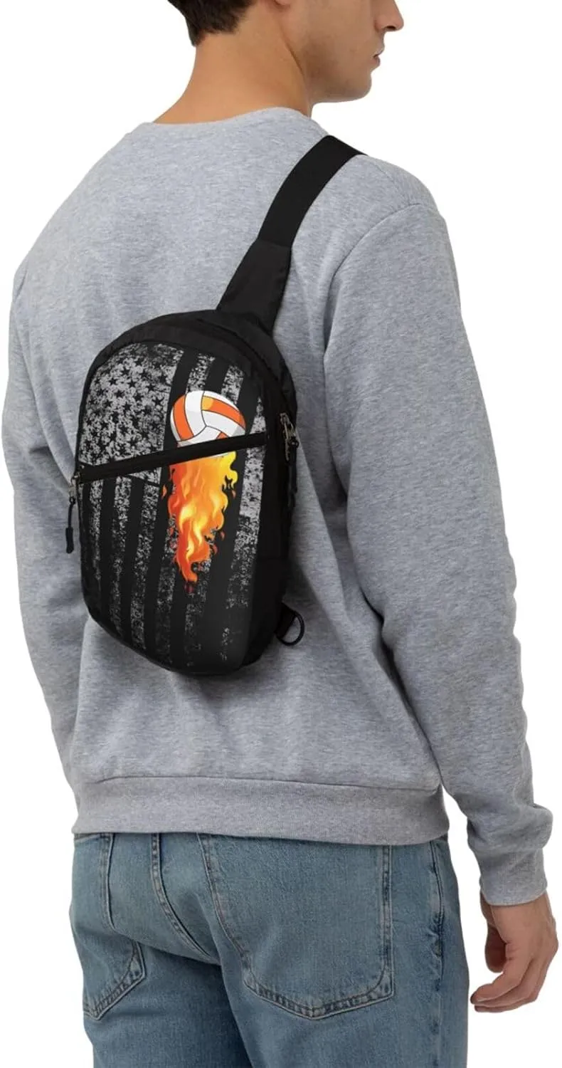 American Flag Flame Volleyball Portable Sling Bags Packable Crossbody Bag Foldable Sport Daypack Reusable Shoulder Backpack Diagonally Chest Bag for Workout Travel
