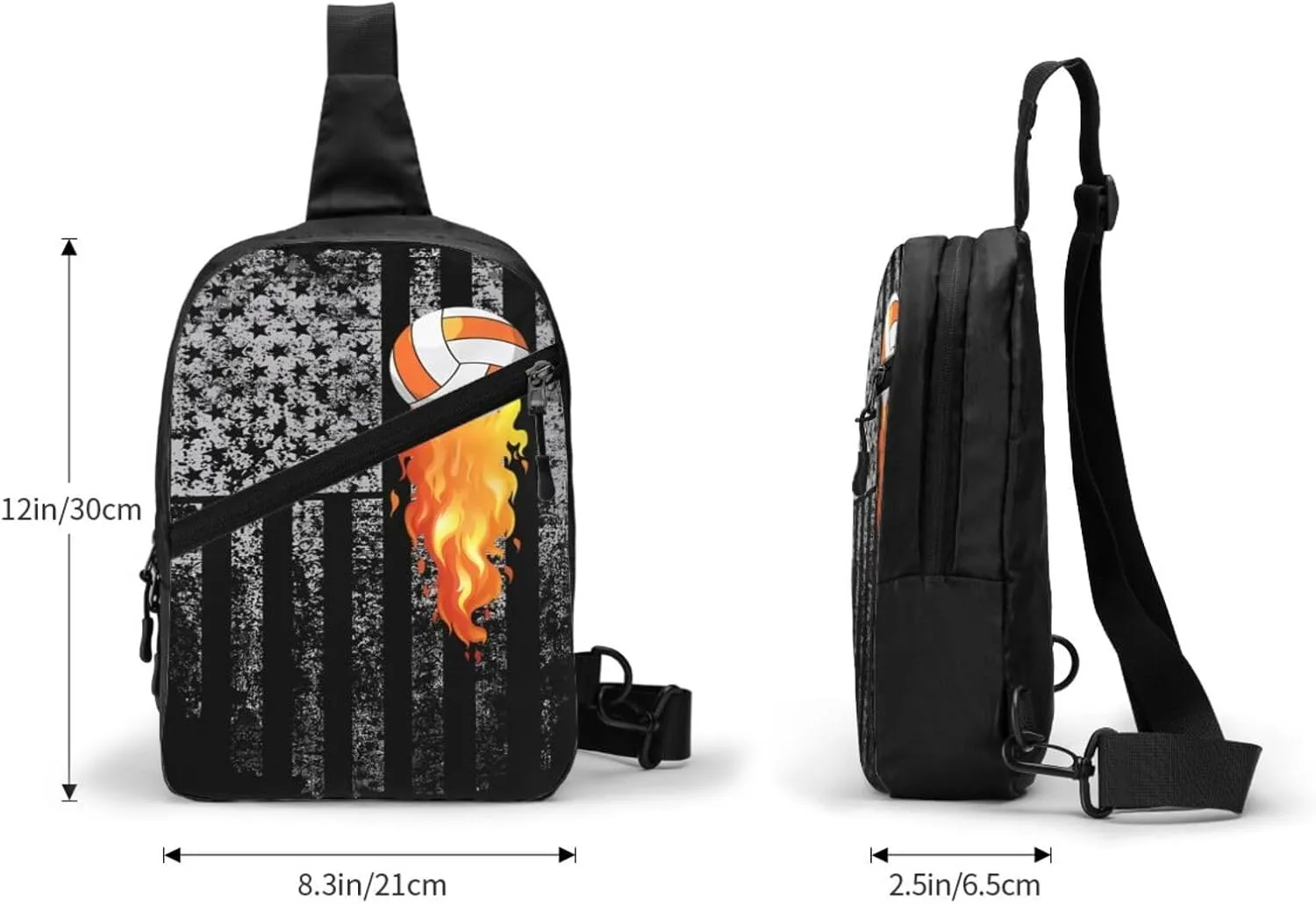 American Flag Flame Volleyball Portable Sling Bags Packable Crossbody Bag Foldable Sport Daypack Reusable Shoulder Backpack Diagonally Chest Bag for Workout Travel