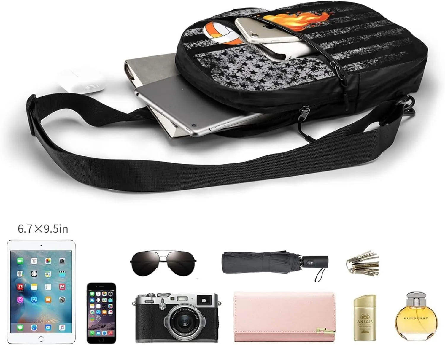 American Flag Flame Volleyball Portable Sling Bags Packable Crossbody Bag Foldable Sport Daypack Reusable Shoulder Backpack Diagonally Chest Bag for Workout Travel