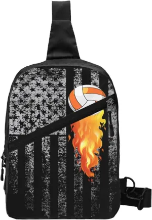 American Flag Flame Volleyball Portable Sling Bags Packable Crossbody Bag Foldable Sport Daypack Reusable Shoulder Backpack Diagonally Chest Bag for Workout Travel