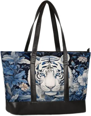 Animal White Tiger Flowers Large Tote Bags Women Handbags with Zipper, Laptop Tote Bag Shopper Shoulder Bag Handbag, Gifts for Women