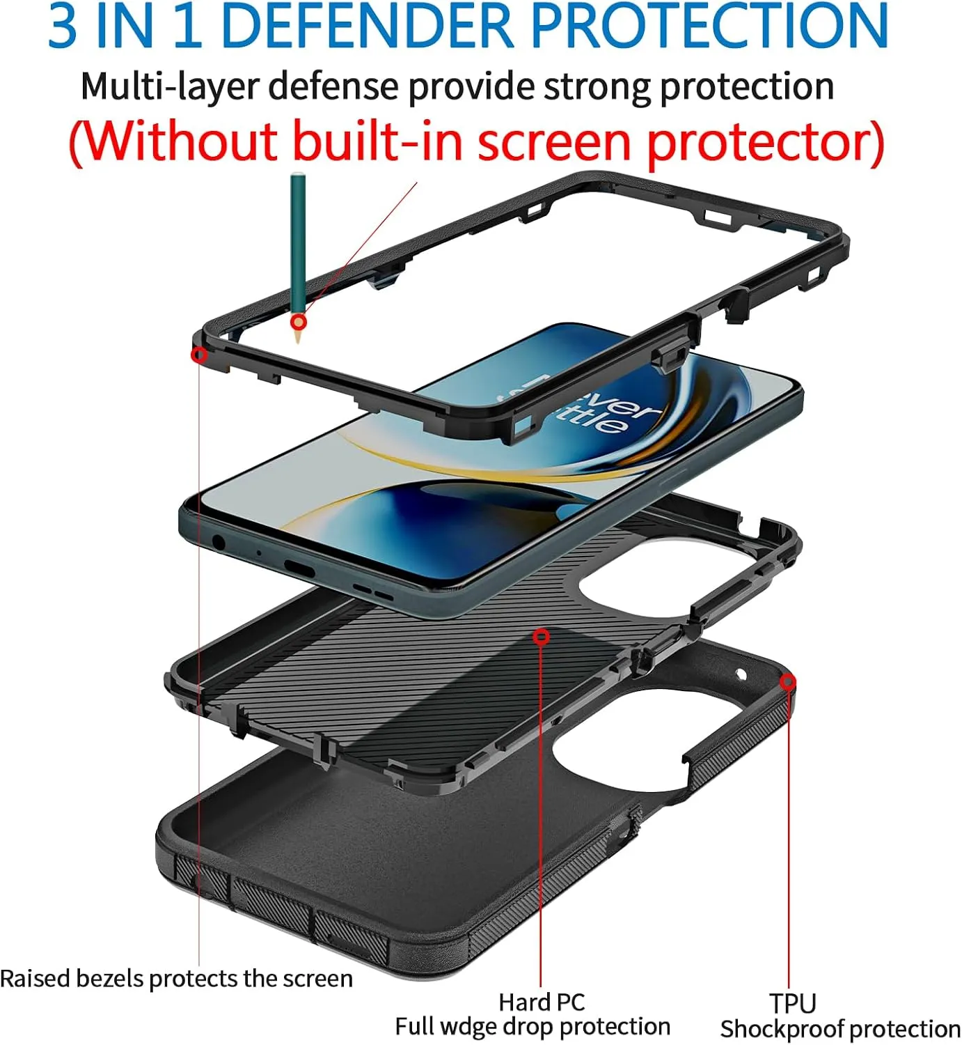Anloes for Oneplus Nord N30 5G/CE 3 Lite Case, Defender Phone Case Heavy Duty Shockproof Dustproof Rugged Protective, 3 in 1 Bumper Cover for Oneplus Nord N30 Black(Without Built-in Screen Protector)