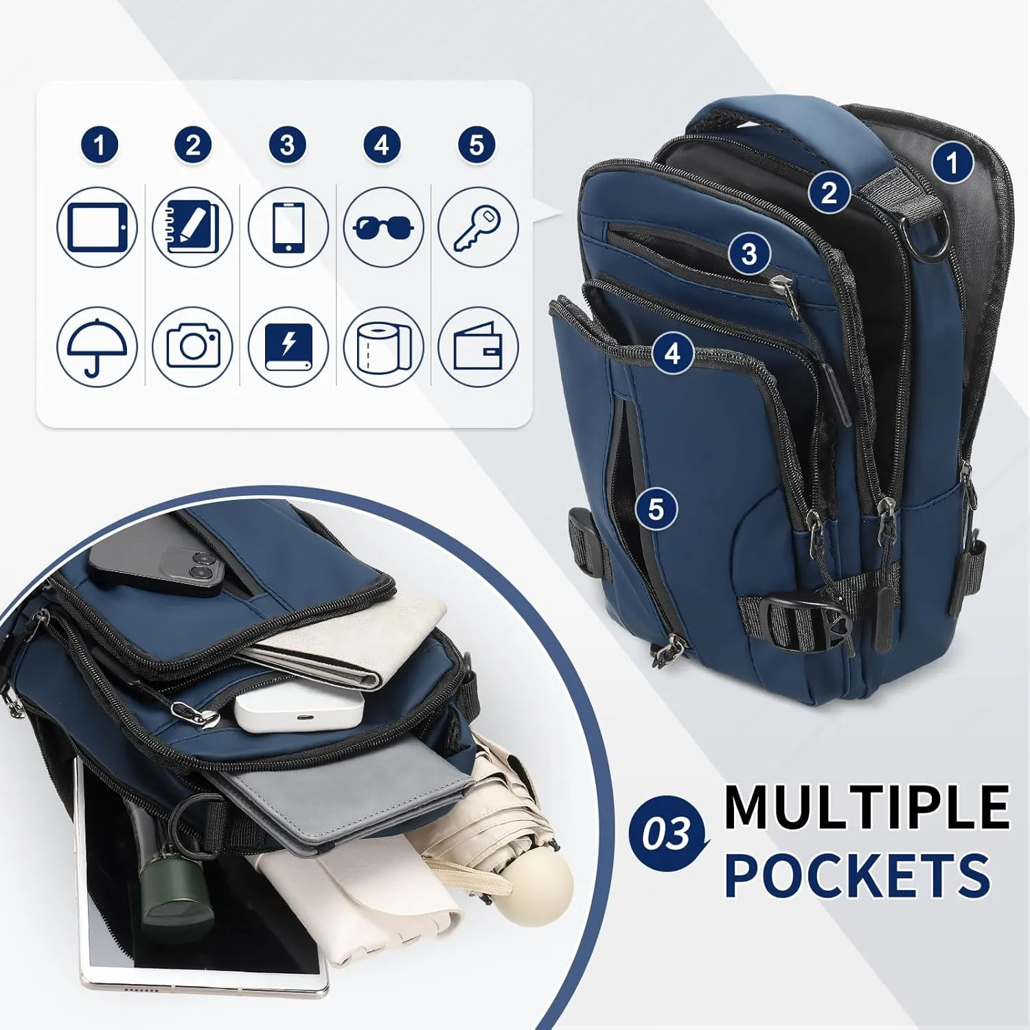 Anti Theft Crossbody Backpack, 9.7-Inch Pads Convertible Sling Bag Lightweight One Strap Casual Pack for Women Men Hiking Travel Cycling (Dark Blue)