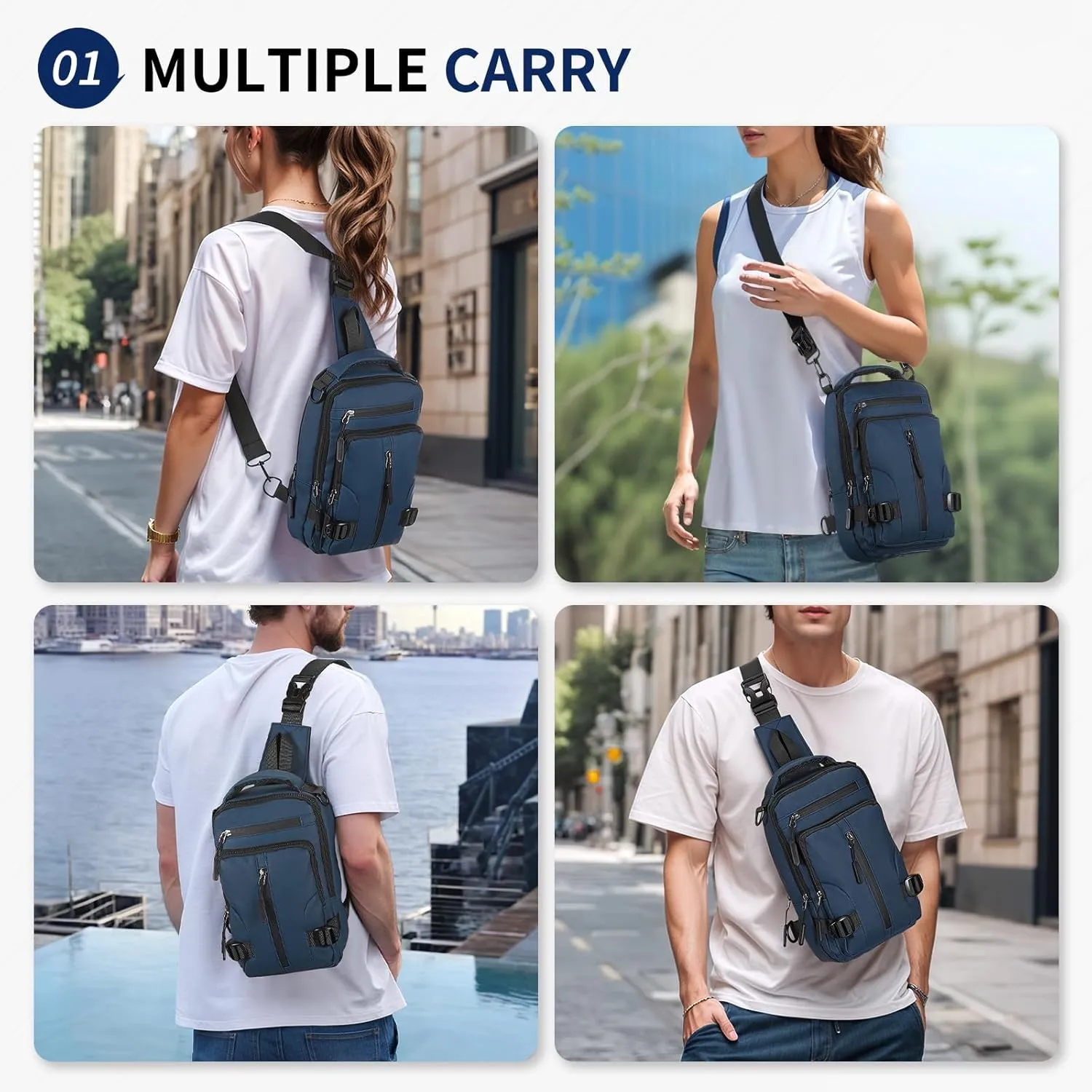 Anti Theft Crossbody Backpack, 9.7-Inch Pads Convertible Sling Bag Lightweight One Strap Casual Pack for Women Men Hiking Travel Cycling (Dark Blue)