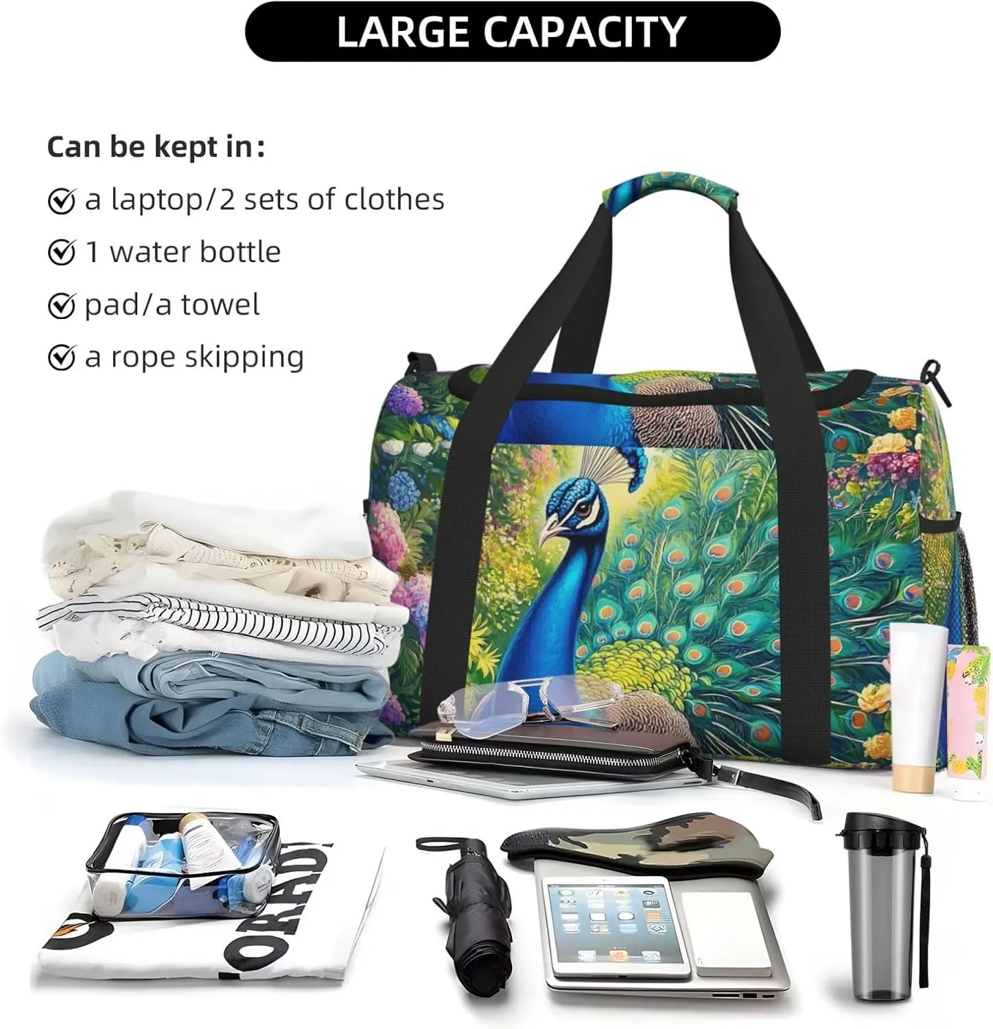 Art Peacock Floral Duffle Bag Foldable Travel Tote Bag Carry On Large Weekender Overnight Bags Waterproof Gym Bag For Women Men