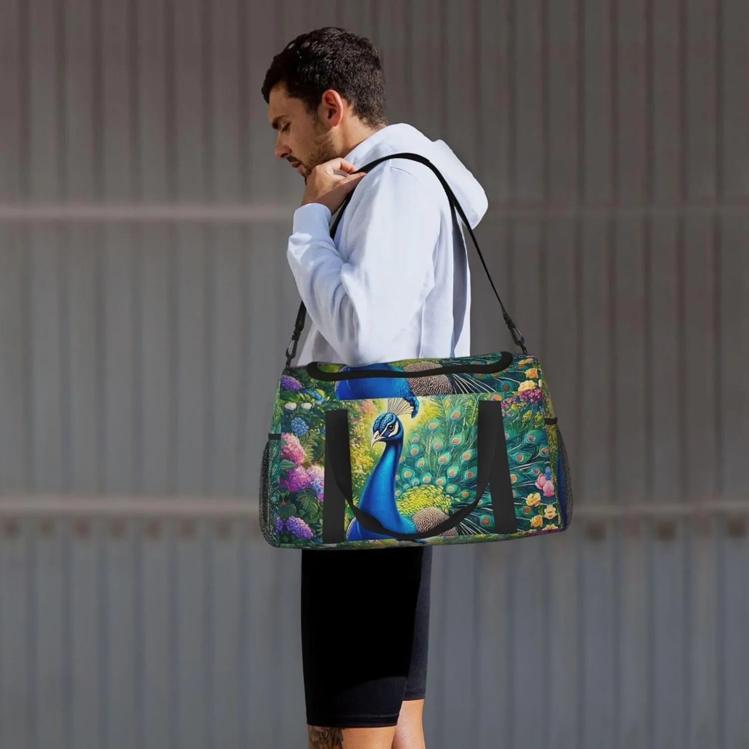 Art Peacock Floral Duffle Bag Foldable Travel Tote Bag Carry On Large Weekender Overnight Bags Waterproof Gym Bag For Women Men