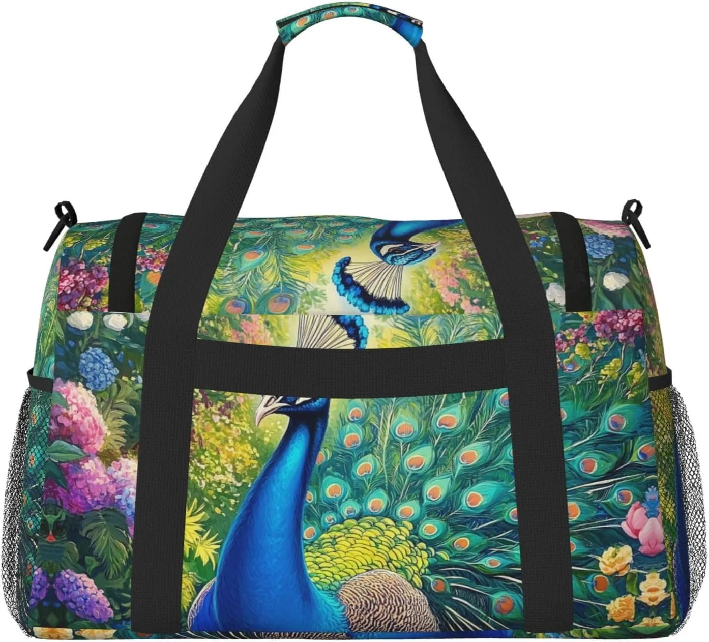 Art Peacock Floral Duffle Bag Foldable Travel Tote Bag Carry On Large Weekender Overnight Bags Waterproof Gym Bag For Women Men