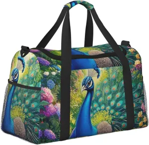 Art Peacock Floral Duffle Bag Foldable Travel Tote Bag Carry On Large Weekender Overnight Bags Waterproof Gym Bag For Women Men