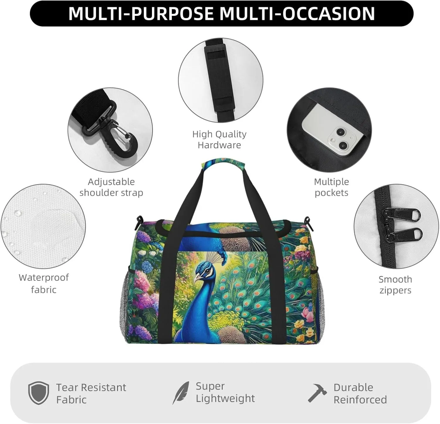 Art Peacock Floral Duffle Bag Foldable Travel Tote Bag Carry On Large Weekender Overnight Bags Waterproof Gym Bag For Women Men