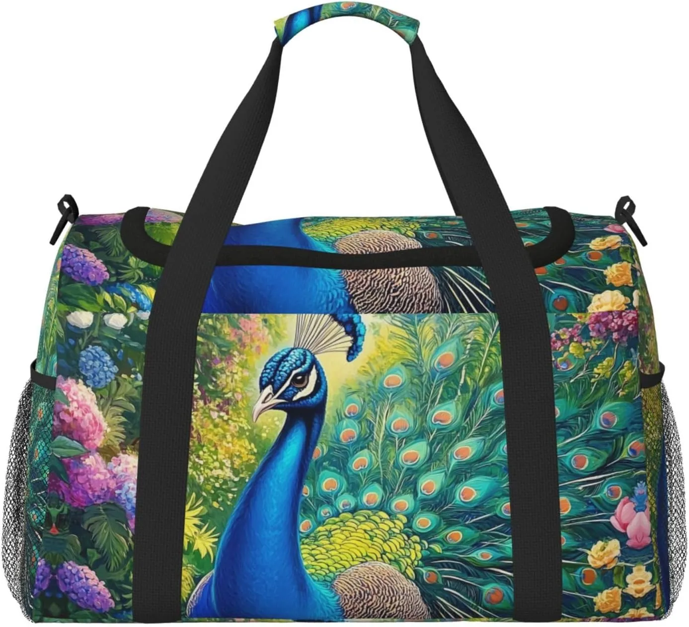 Art Peacock Floral Duffle Bag Foldable Travel Tote Bag Carry On Large Weekender Overnight Bags Waterproof Gym Bag For Women Men