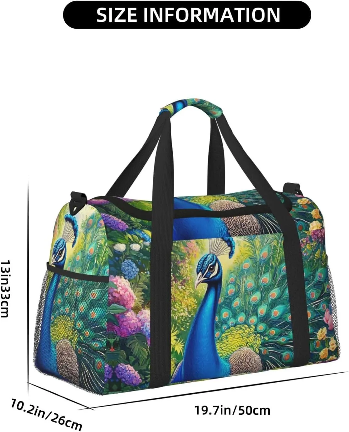 Art Peacock Floral Duffle Bag Foldable Travel Tote Bag Carry On Large Weekender Overnight Bags Waterproof Gym Bag For Women Men