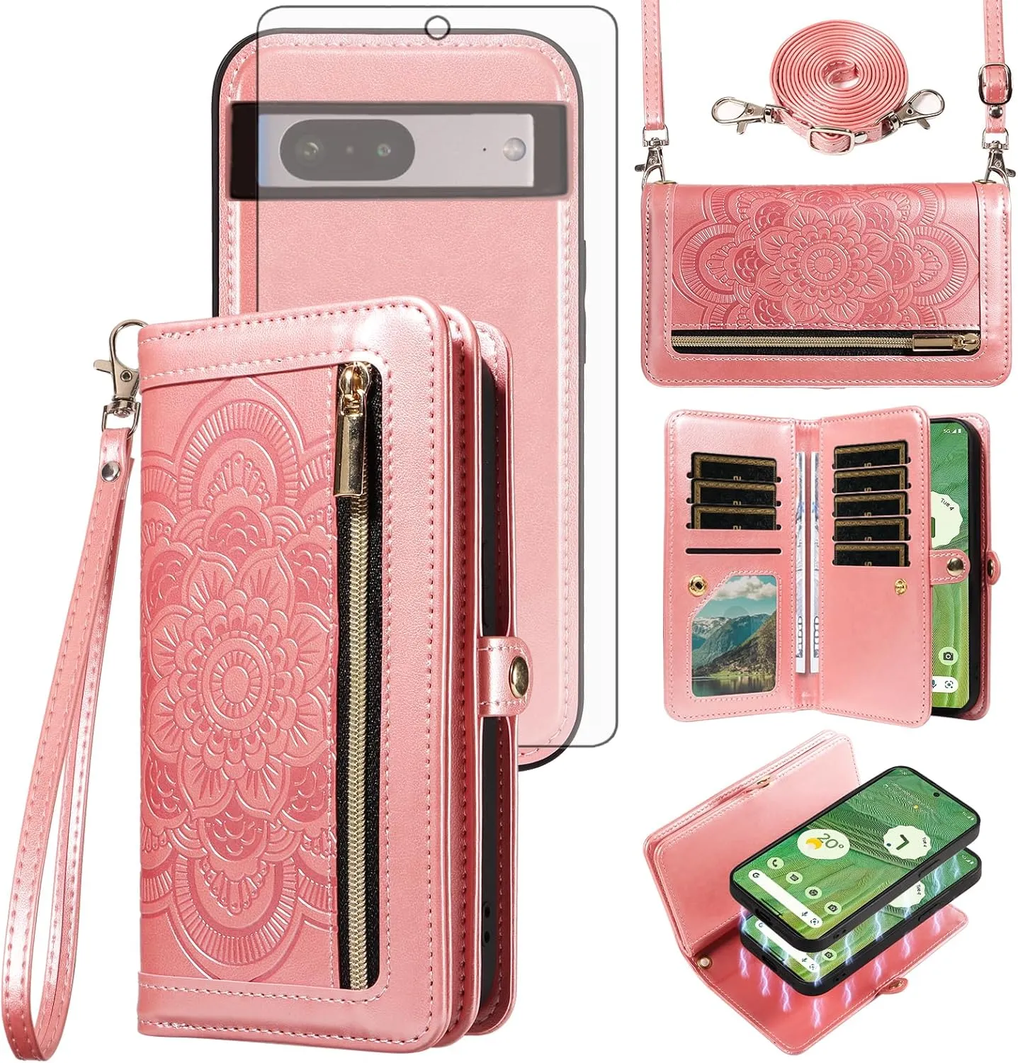 Asuwish Phone Case for Google Pixel 7 5G Zipper Wallet Magnetic Detachable Cell Cover with Tempered Glass Screen Protector Crossbody Strap Flower Card Holder Pixel7 Pixle Seven 6.3 Women Men Rose Gold