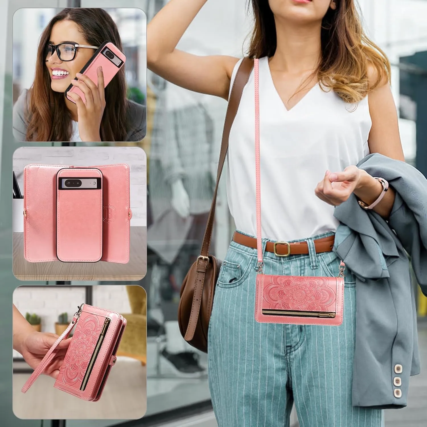 Asuwish Phone Case for Google Pixel 7 5G Zipper Wallet Magnetic Detachable Cell Cover with Tempered Glass Screen Protector Crossbody Strap Flower Card Holder Pixel7 Pixle Seven 6.3 Women Men Rose Gold