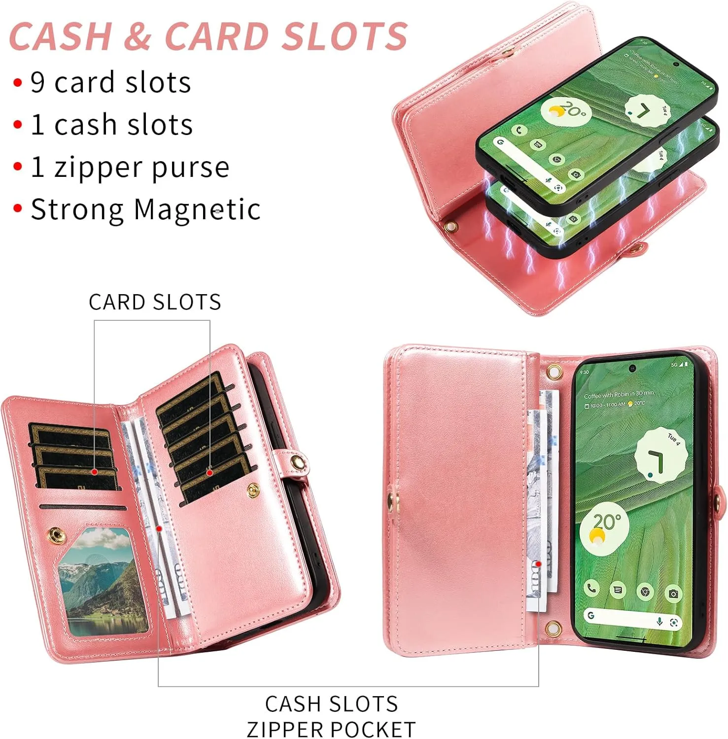 Asuwish Phone Case for Google Pixel 7 5G Zipper Wallet Magnetic Detachable Cell Cover with Tempered Glass Screen Protector Crossbody Strap Flower Card Holder Pixel7 Pixle Seven 6.3 Women Men Rose Gold