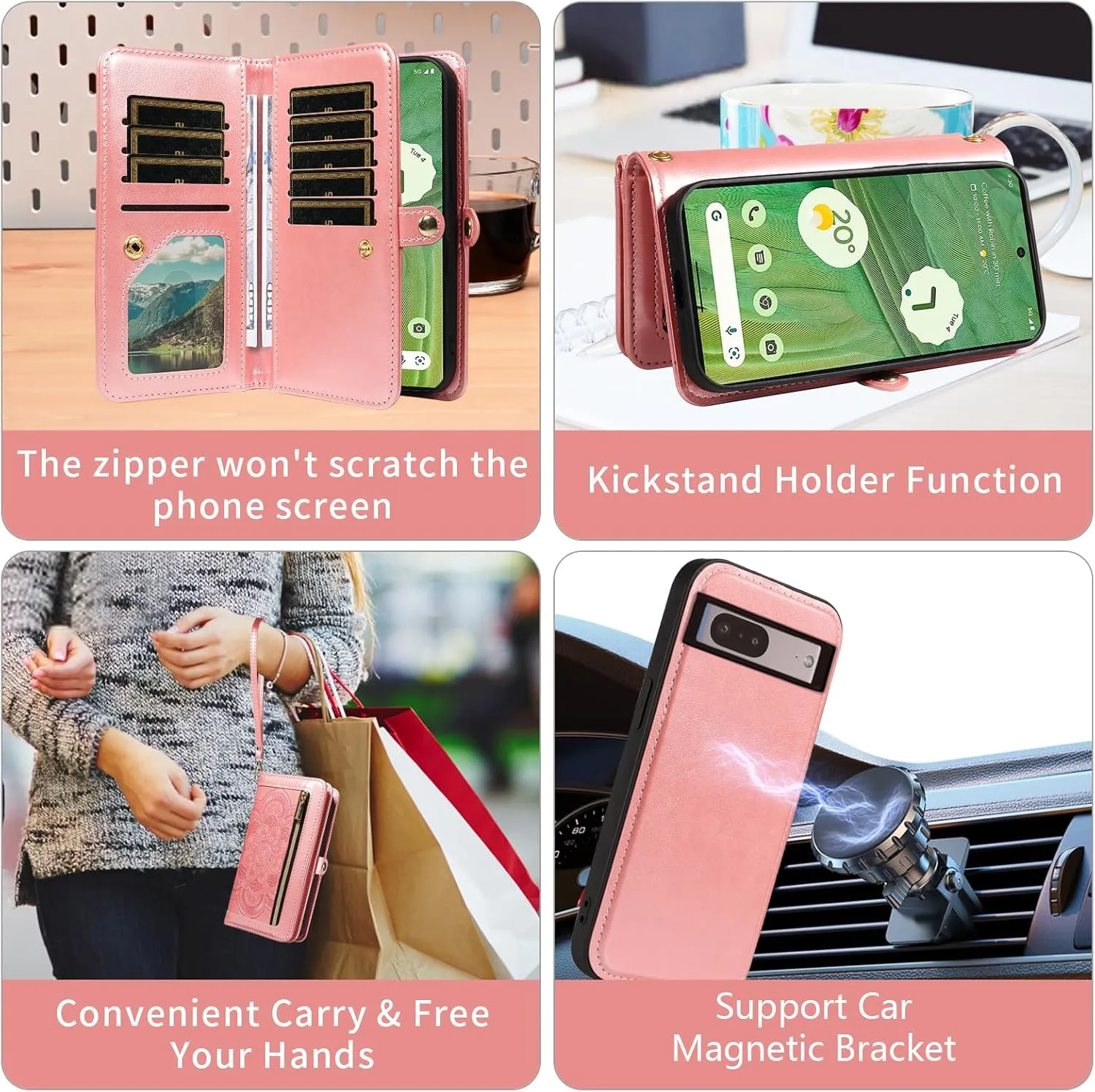 Asuwish Phone Case for Google Pixel 7 5G Zipper Wallet Magnetic Detachable Cell Cover with Tempered Glass Screen Protector Crossbody Strap Flower Card Holder Pixel7 Pixle Seven 6.3 Women Men Rose Gold