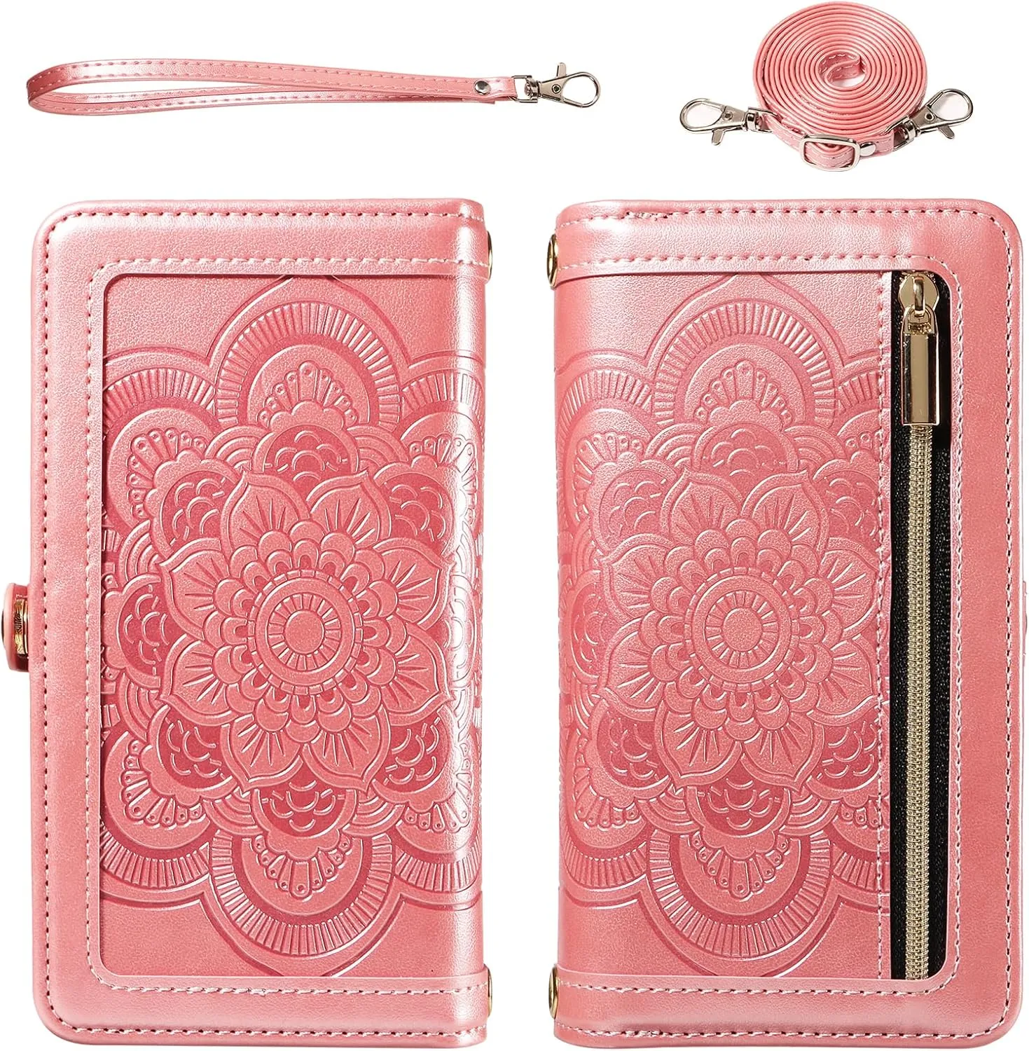 Asuwish Phone Case for Google Pixel 7 5G Zipper Wallet Magnetic Detachable Cell Cover with Tempered Glass Screen Protector Crossbody Strap Flower Card Holder Pixel7 Pixle Seven 6.3 Women Men Rose Gold
