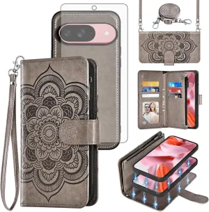 Asuwish Phone Case for Google Pixel 9/9 Pro 5G Zipper Wallet Magnetic Detachable Cell Cover with Tempered Glass Screen Protector Crossbody Strap Mandala Flower Card Holder Pixel9 9Pro Nine Women Gray