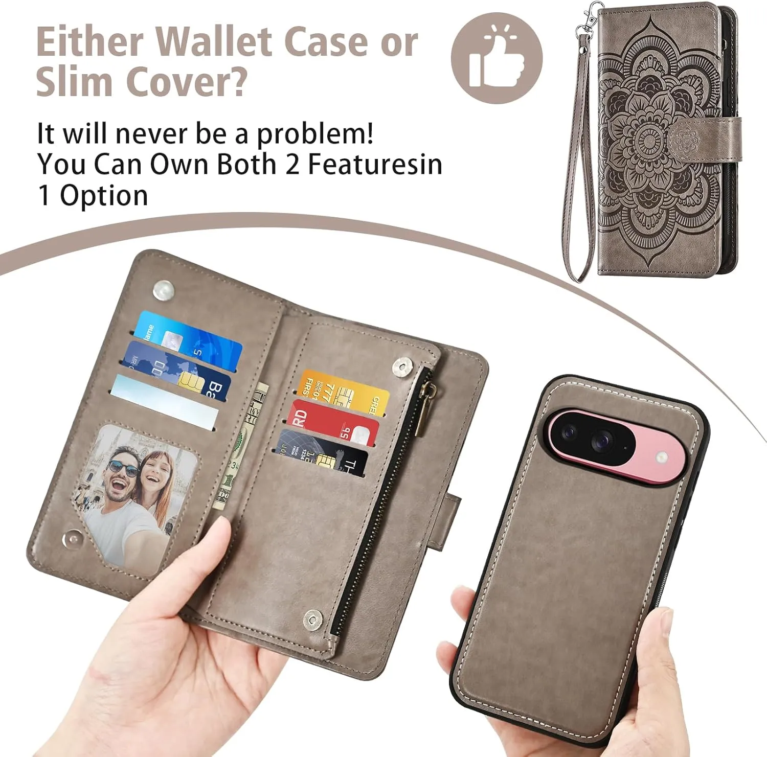 Asuwish Phone Case for Google Pixel 9/9 Pro 5G Zipper Wallet Magnetic Detachable Cell Cover with Tempered Glass Screen Protector Crossbody Strap Mandala Flower Card Holder Pixel9 9Pro Nine Women Gray