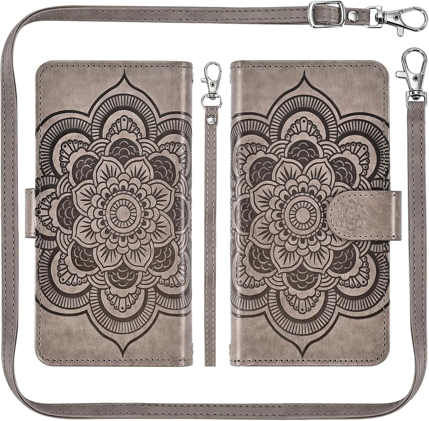 Asuwish Phone Case for Google Pixel 9/9 Pro 5G Zipper Wallet Magnetic Detachable Cell Cover with Tempered Glass Screen Protector Crossbody Strap Mandala Flower Card Holder Pixel9 9Pro Nine Women Gray