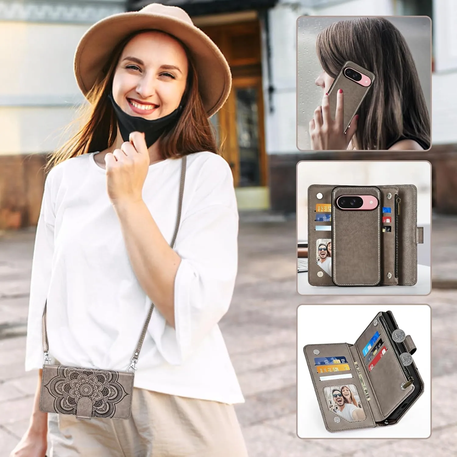 Asuwish Phone Case for Google Pixel 9/9 Pro 5G Zipper Wallet Magnetic Detachable Cell Cover with Tempered Glass Screen Protector Crossbody Strap Mandala Flower Card Holder Pixel9 9Pro Nine Women Gray