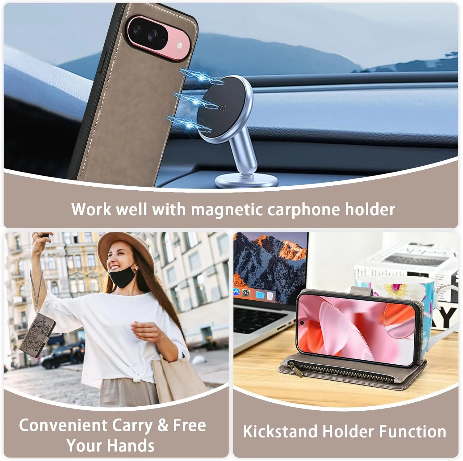 Asuwish Phone Case for Google Pixel 9/9 Pro 5G Zipper Wallet Magnetic Detachable Cell Cover with Tempered Glass Screen Protector Crossbody Strap Mandala Flower Card Holder Pixel9 9Pro Nine Women Gray