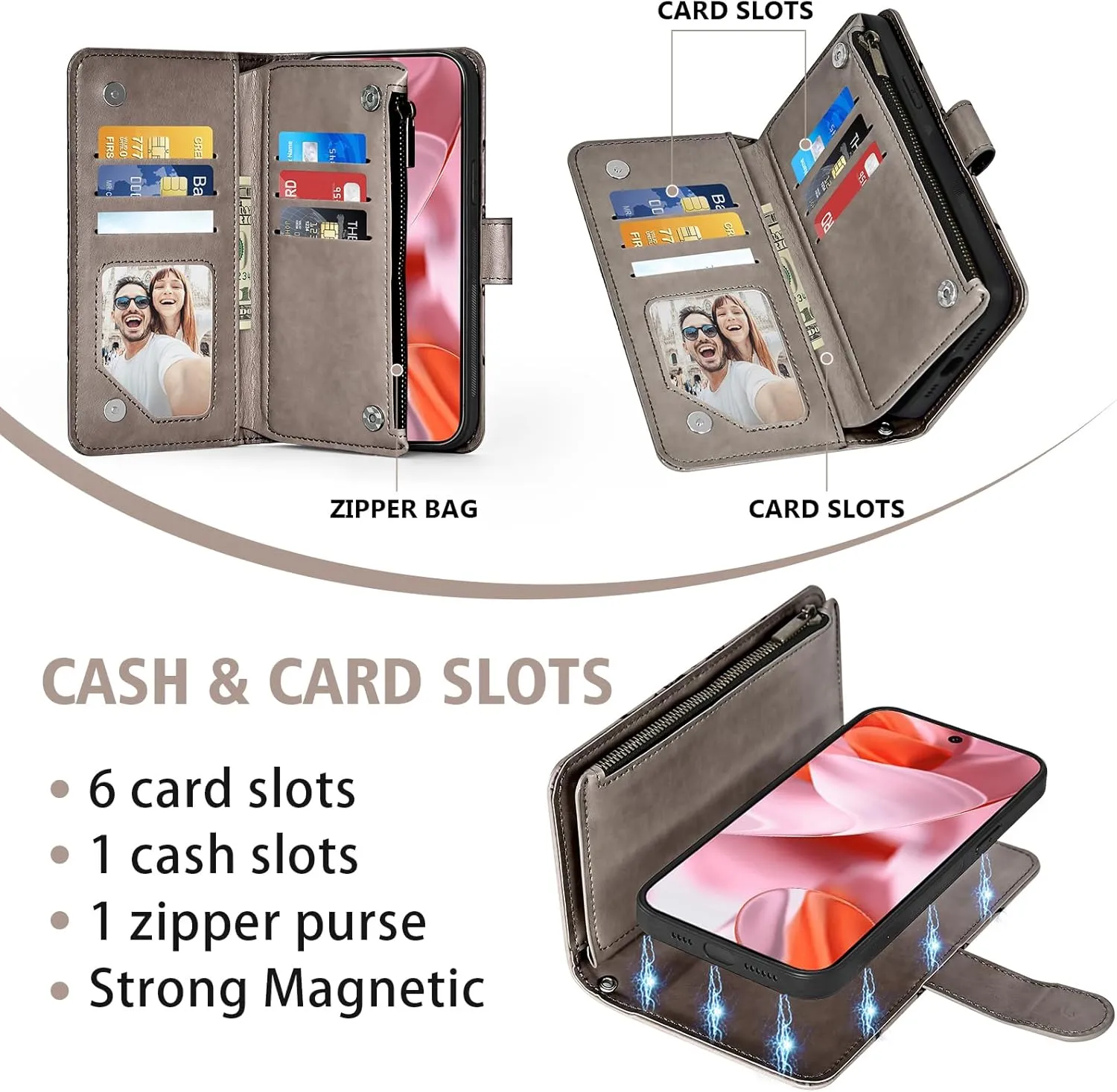 Asuwish Phone Case for Google Pixel 9/9 Pro 5G Zipper Wallet Magnetic Detachable Cell Cover with Tempered Glass Screen Protector Crossbody Strap Mandala Flower Card Holder Pixel9 9Pro Nine Women Gray