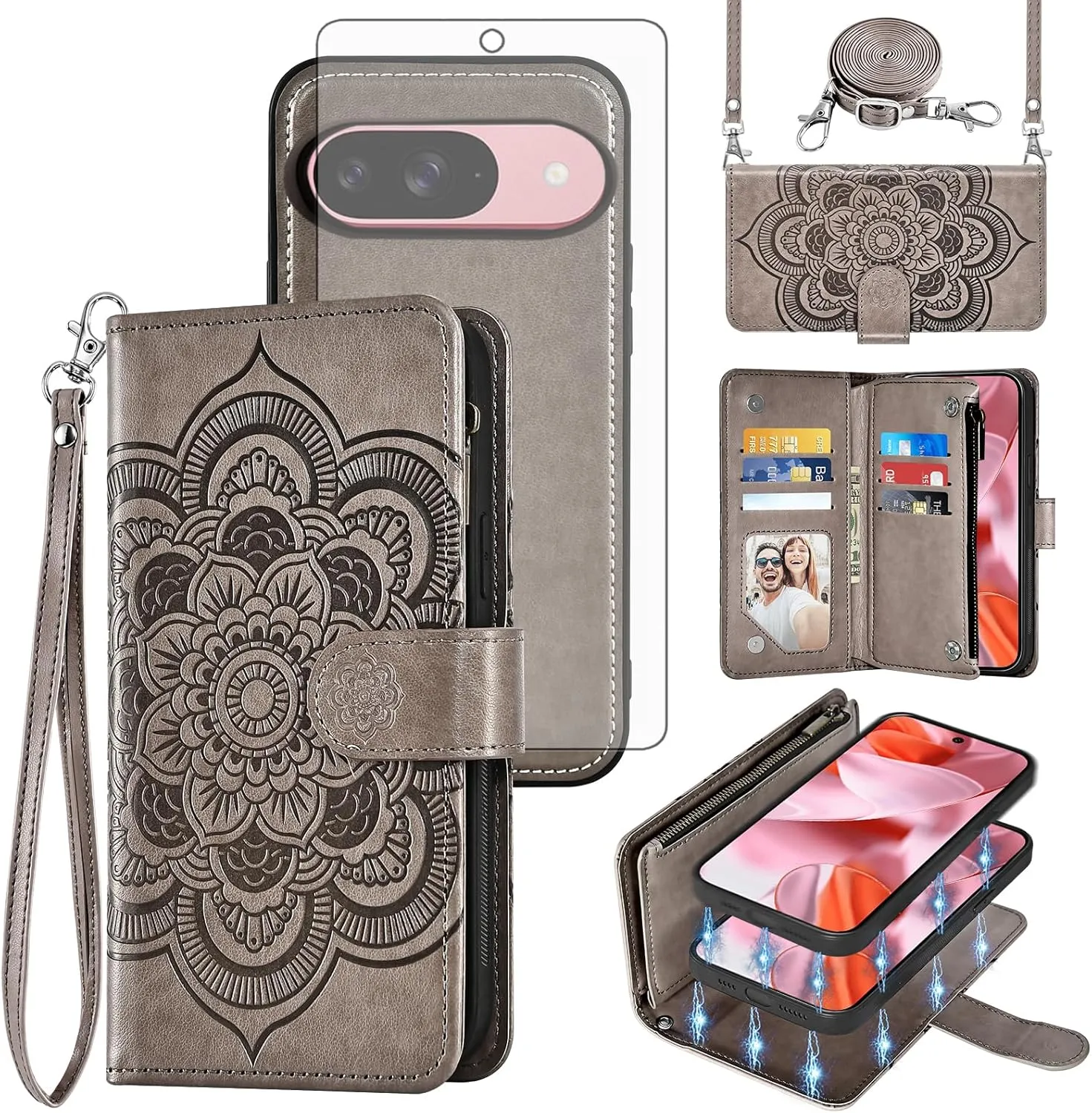 Asuwish Phone Case for Google Pixel 9/9 Pro 5G Zipper Wallet Magnetic Detachable Cell Cover with Tempered Glass Screen Protector Crossbody Strap Mandala Flower Card Holder Pixel9 9Pro Nine Women Gray