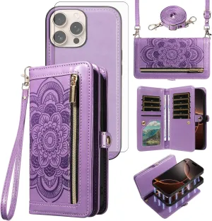 Asuwish Phone Case for iPhone 16 Pro 6.3 inch Zipper Wallet Magnetic Detachable Cell Cover with Tempered Glass Screen Protector Crossbody Strap Flower Card Holder Slot i Phone16 i16 16Pro Women Purple