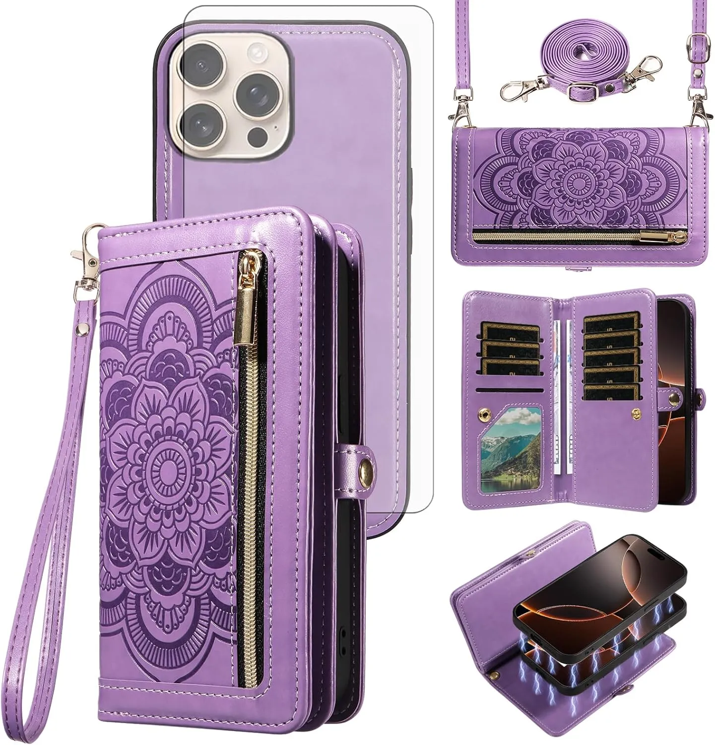 Asuwish Phone Case for iPhone 16 Pro 6.3 inch Zipper Wallet Magnetic Detachable Cell Cover with Tempered Glass Screen Protector Crossbody Strap Flower Card Holder Slot i Phone16 i16 16Pro Women Purple