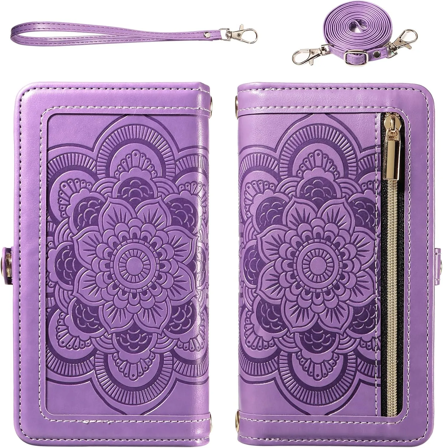 Asuwish Phone Case for iPhone 16 Pro 6.3 inch Zipper Wallet Magnetic Detachable Cell Cover with Tempered Glass Screen Protector Crossbody Strap Flower Card Holder Slot i Phone16 i16 16Pro Women Purple