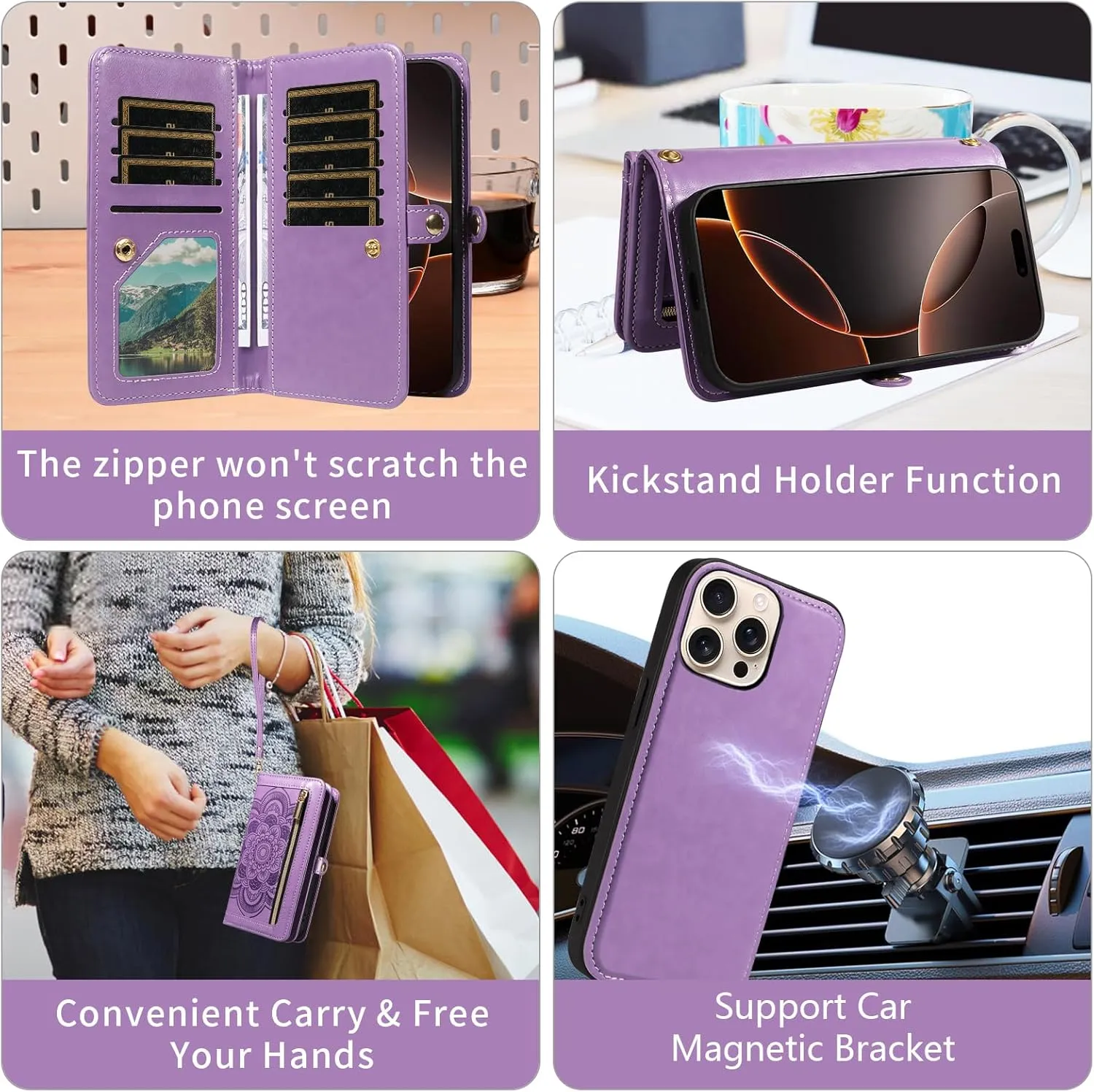Asuwish Phone Case for iPhone 16 Pro 6.3 inch Zipper Wallet Magnetic Detachable Cell Cover with Tempered Glass Screen Protector Crossbody Strap Flower Card Holder Slot i Phone16 i16 16Pro Women Purple