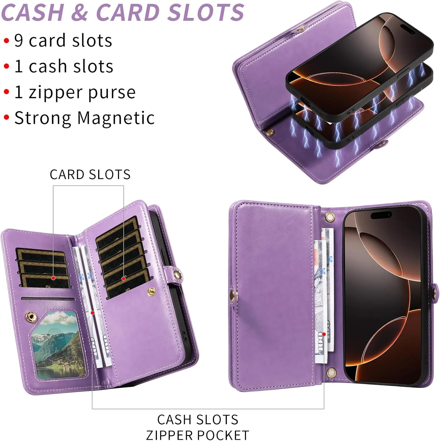 Asuwish Phone Case for iPhone 16 Pro 6.3 inch Zipper Wallet Magnetic Detachable Cell Cover with Tempered Glass Screen Protector Crossbody Strap Flower Card Holder Slot i Phone16 i16 16Pro Women Purple