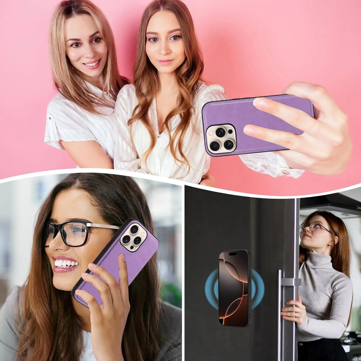 Asuwish Phone Case for iPhone 16 Pro 6.3 inch Zipper Wallet Magnetic Detachable Cell Cover with Tempered Glass Screen Protector Crossbody Strap Flower Card Holder Slot i Phone16 i16 16Pro Women Purple