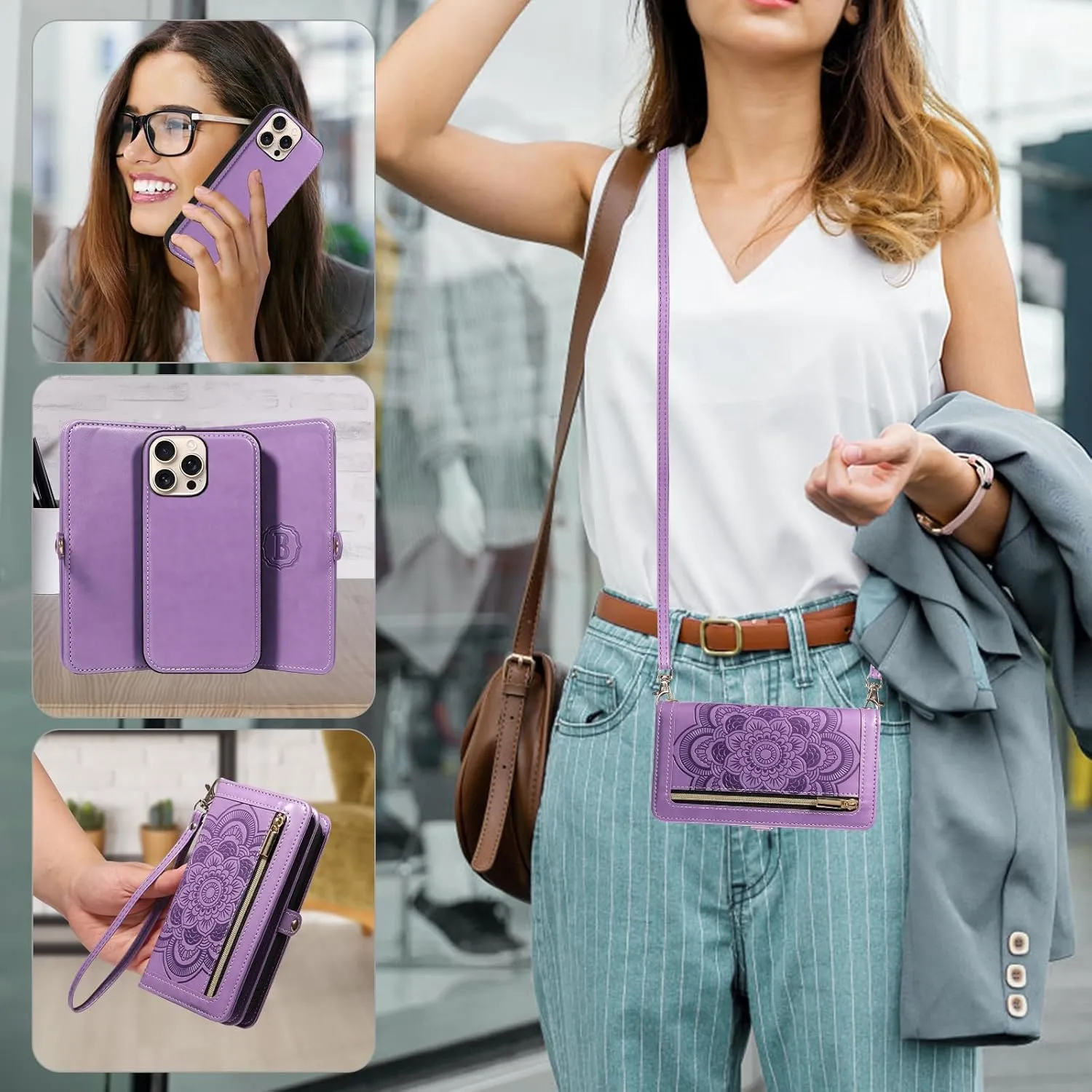 Asuwish Phone Case for iPhone 16 Pro 6.3 inch Zipper Wallet Magnetic Detachable Cell Cover with Tempered Glass Screen Protector Crossbody Strap Flower Card Holder Slot i Phone16 i16 16Pro Women Purple