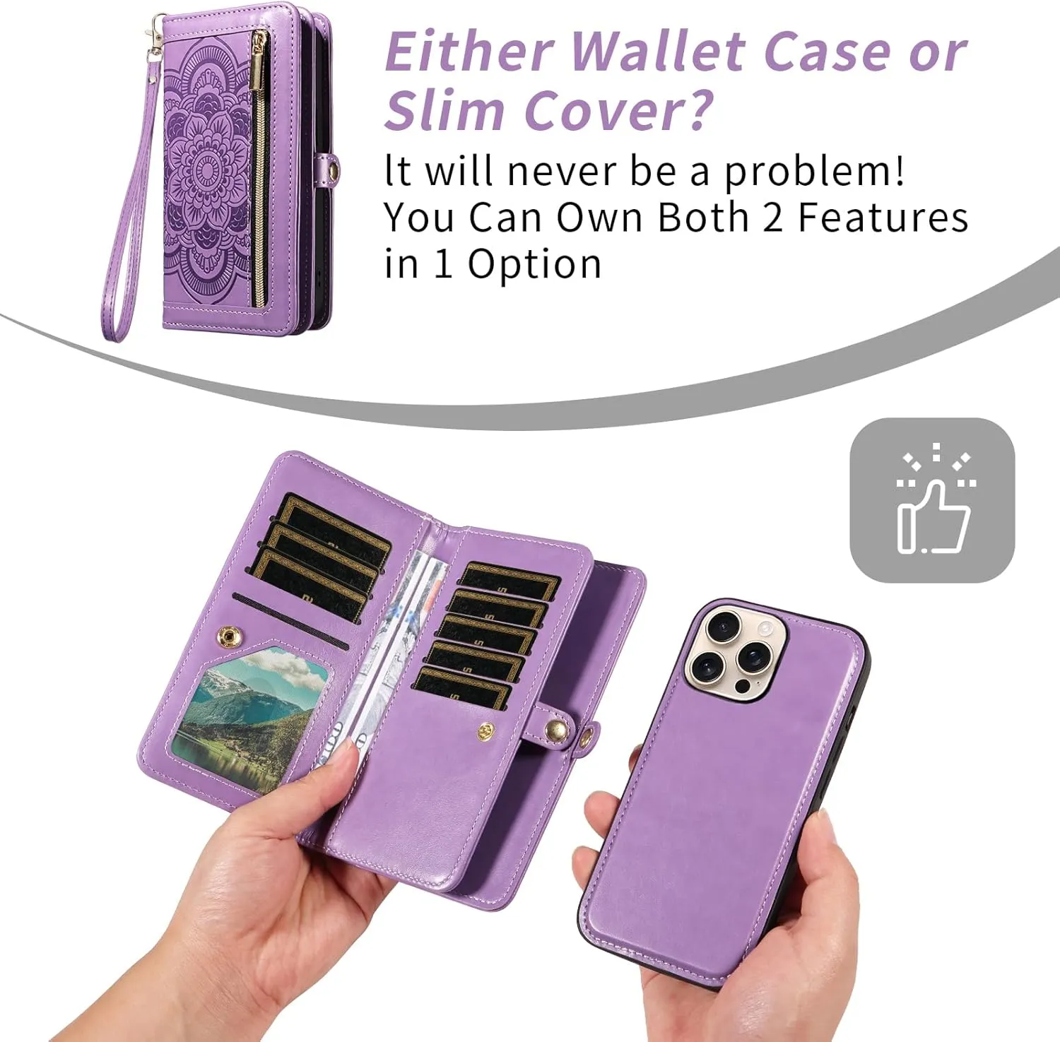 Asuwish Phone Case for iPhone 16 Pro 6.3 inch Zipper Wallet Magnetic Detachable Cell Cover with Tempered Glass Screen Protector Crossbody Strap Flower Card Holder Slot i Phone16 i16 16Pro Women Purple