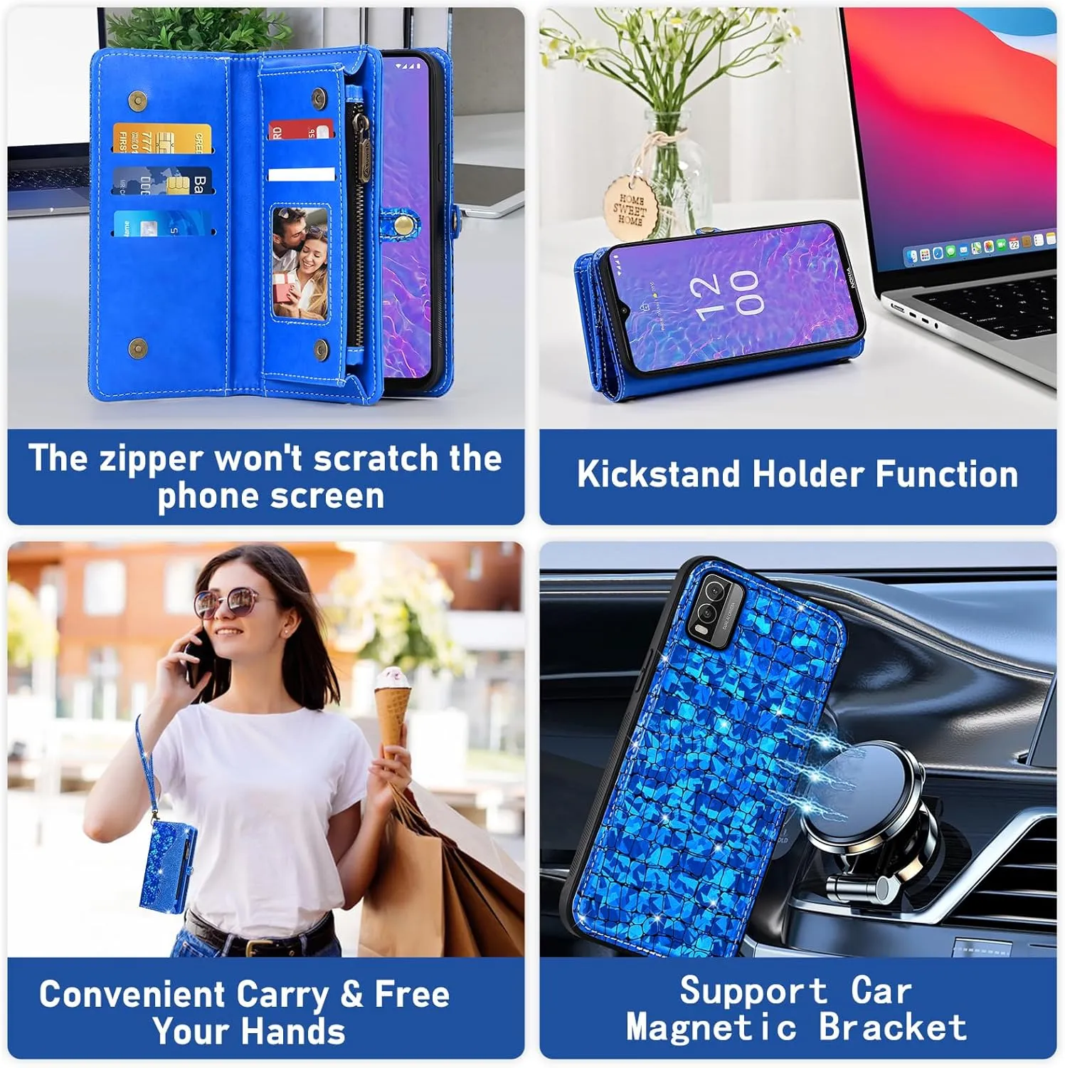 Asuwish Phone Case for Nokia C210 TA-1584 Zipper Wallet Detachable with Tempered Glass Screen Protector Cover and Card Holder Slot Wrist Strap TPU Cell Accessories Purse Folio C 210 Women Men Blue