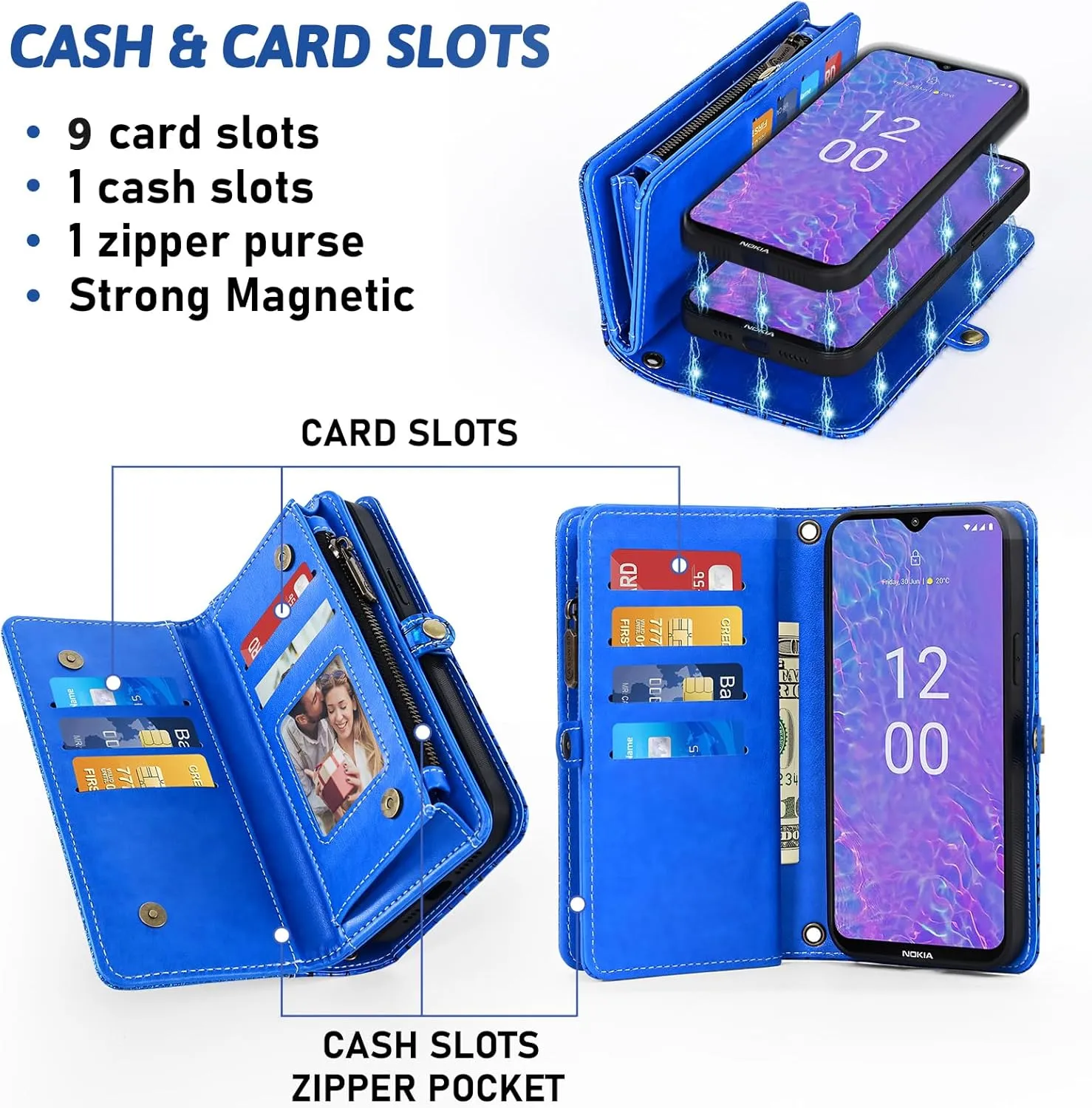 Asuwish Phone Case for Nokia C210 TA-1584 Zipper Wallet Detachable with Tempered Glass Screen Protector Cover and Card Holder Slot Wrist Strap TPU Cell Accessories Purse Folio C 210 Women Men Blue