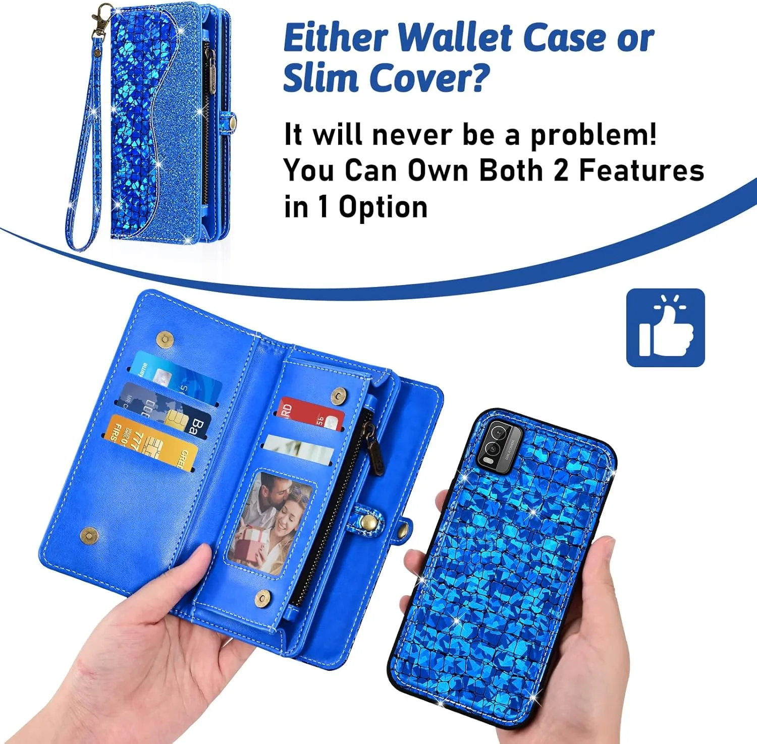 Asuwish Phone Case for Nokia C210 TA-1584 Zipper Wallet Detachable with Tempered Glass Screen Protector Cover and Card Holder Slot Wrist Strap TPU Cell Accessories Purse Folio C 210 Women Men Blue