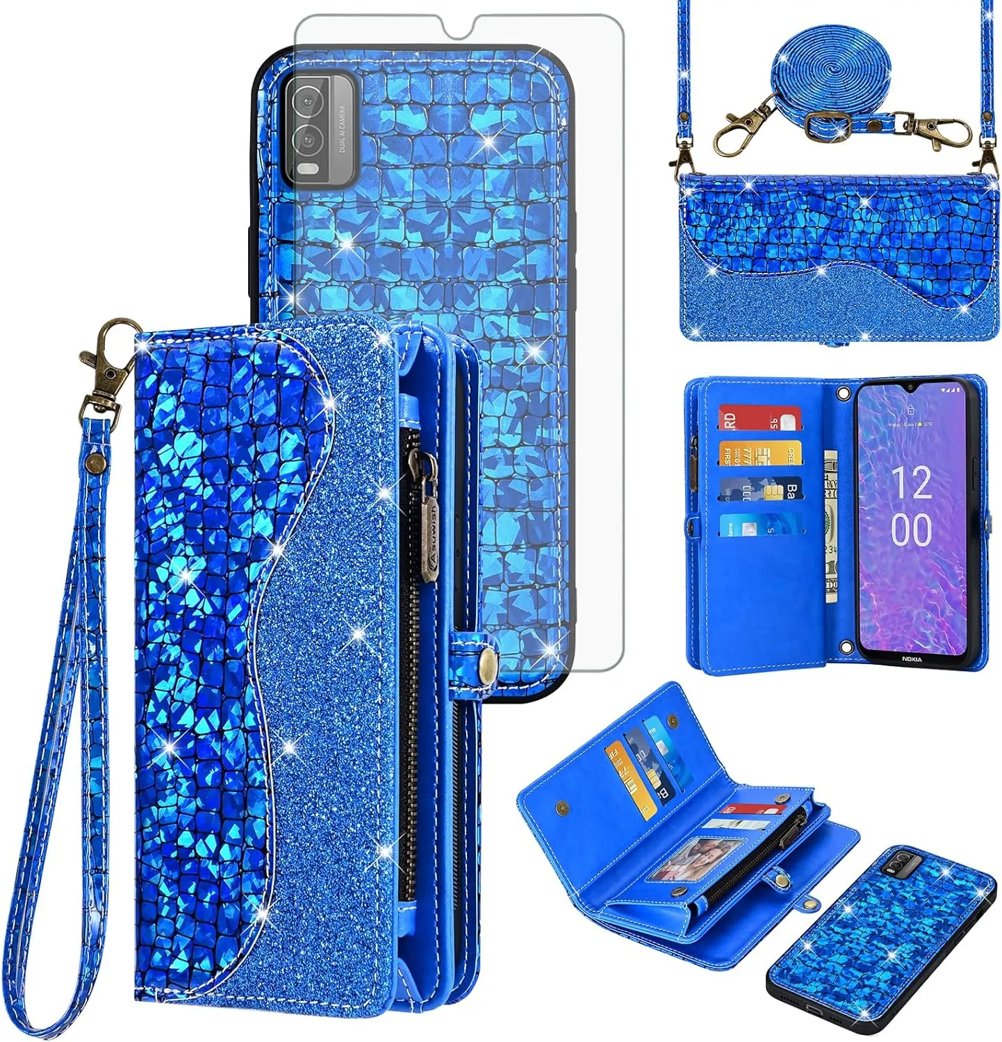 Asuwish Phone Case for Nokia C210 TA-1584 Zipper Wallet Detachable with Tempered Glass Screen Protector Cover and Card Holder Slot Wrist Strap TPU Cell Accessories Purse Folio C 210 Women Men Blue
