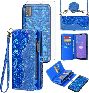Asuwish Phone Case for Nokia C210 TA-1584 Zipper Wallet Detachable with Tempered Glass Screen Protector Cover and Card Holder Slot Wrist Strap TPU Cell Accessories Purse Folio C 210 Women Men Blue