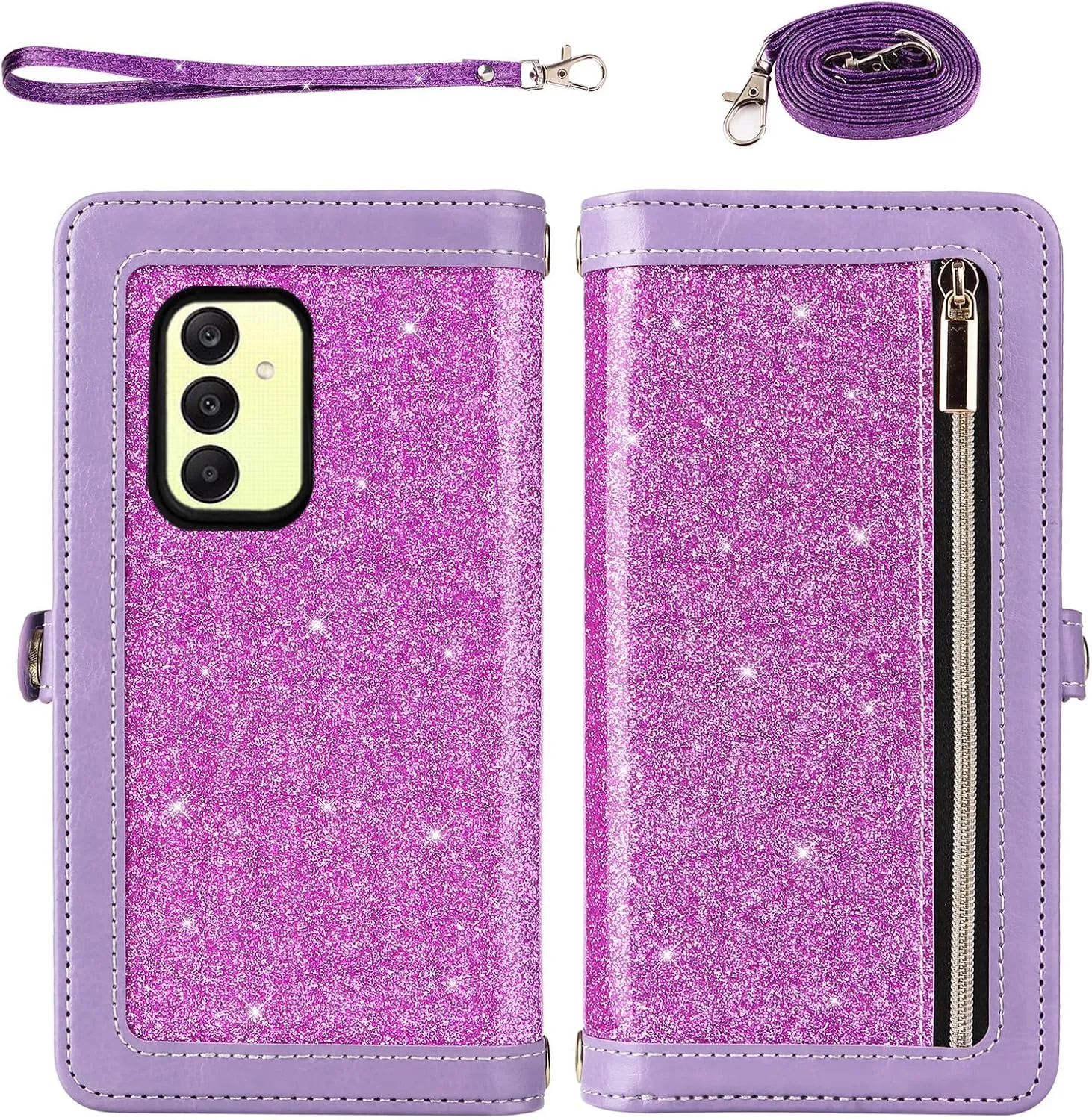 Asuwish Phone Case for Samsung Galaxy A25 5G/A24 4G/M34 /F34 Zipper Wallet Cell Cover with Tempered Glass Screen Protector Crossbody Strap Bling Glitter Flip Card Holder A 25 25A 24A LTE Women Purple