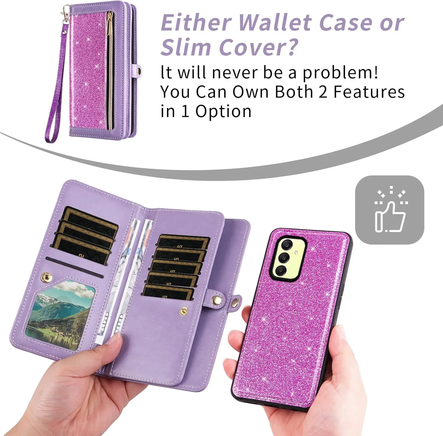 Asuwish Phone Case for Samsung Galaxy A25 5G/A24 4G/M34 /F34 Zipper Wallet Cell Cover with Tempered Glass Screen Protector Crossbody Strap Bling Glitter Flip Card Holder A 25 25A 24A LTE Women Purple