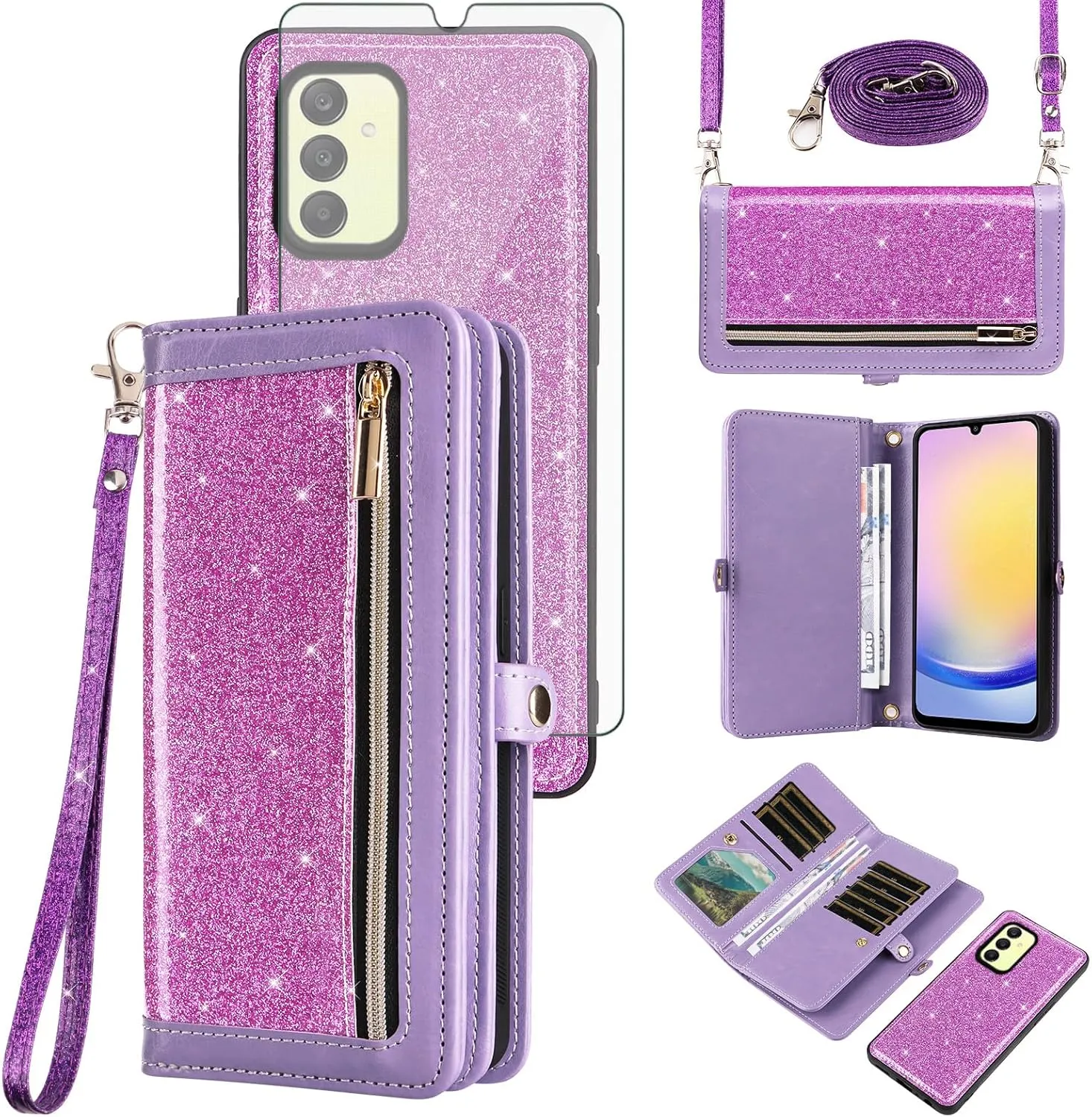 Asuwish Phone Case for Samsung Galaxy A25 5G/A24 4G/M34 /F34 Zipper Wallet Cell Cover with Tempered Glass Screen Protector Crossbody Strap Bling Glitter Flip Card Holder A 25 25A 24A LTE Women Purple