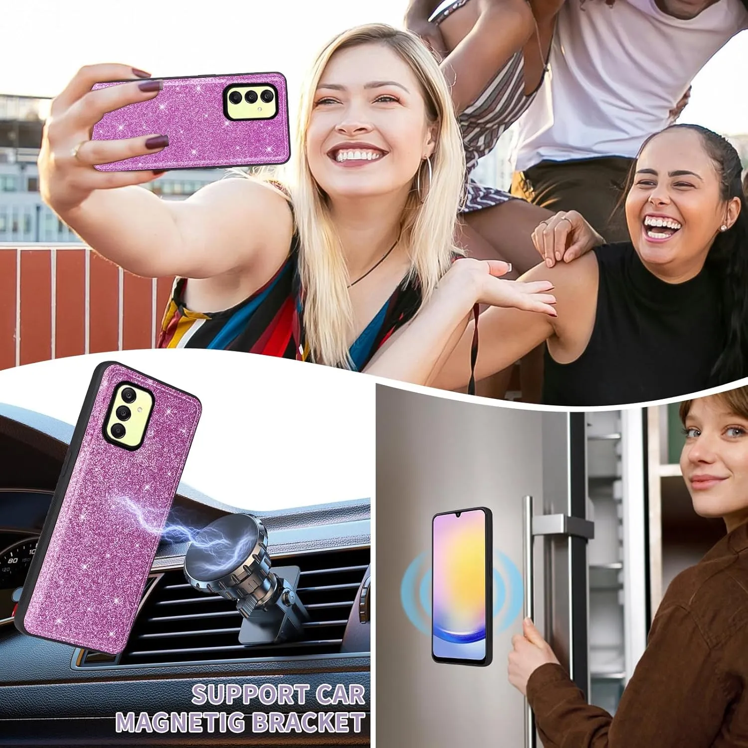 Asuwish Phone Case for Samsung Galaxy A25 5G/A24 4G/M34 /F34 Zipper Wallet Cell Cover with Tempered Glass Screen Protector Crossbody Strap Bling Glitter Flip Card Holder A 25 25A 24A LTE Women Purple