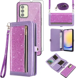 Asuwish Phone Case for Samsung Galaxy A25 5G/A24 4G/M34 /F34 Zipper Wallet Cell Cover with Tempered Glass Screen Protector Crossbody Strap Bling Glitter Flip Card Holder A 25 25A 24A LTE Women Purple