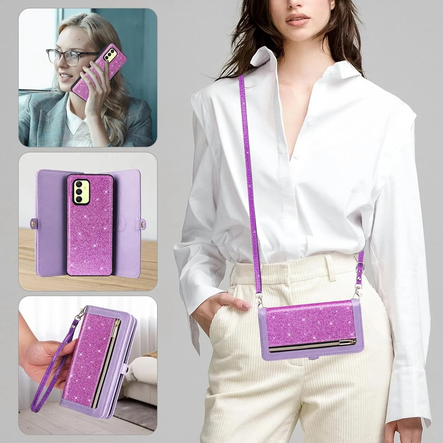 Asuwish Phone Case for Samsung Galaxy A25 5G/A24 4G/M34 /F34 Zipper Wallet Cell Cover with Tempered Glass Screen Protector Crossbody Strap Bling Glitter Flip Card Holder A 25 25A 24A LTE Women Purple